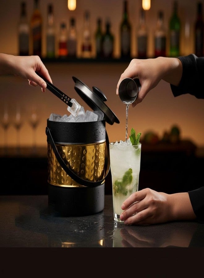 FINALITY دلو ثلج معزول مزدوج الجدران من الفولاذ المقاوم للصدأ من FINALITY مع غطاء وملقط ومقياس على شكل حرف V، سعة 1.5 لتر (أسود + ذهبي مطروق) - Image 2